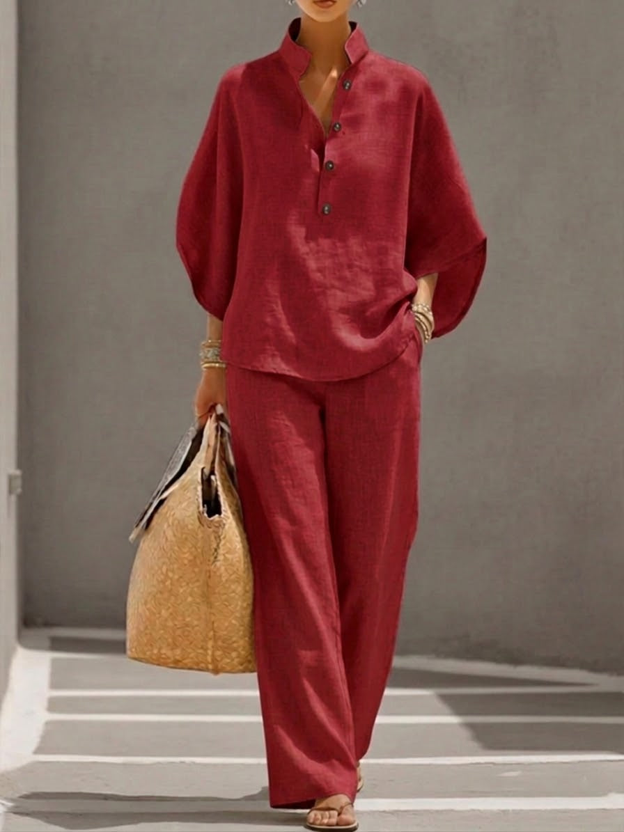 Conjunto de blusa con cuello alzado y pantalón – Conjunto holgado de lino