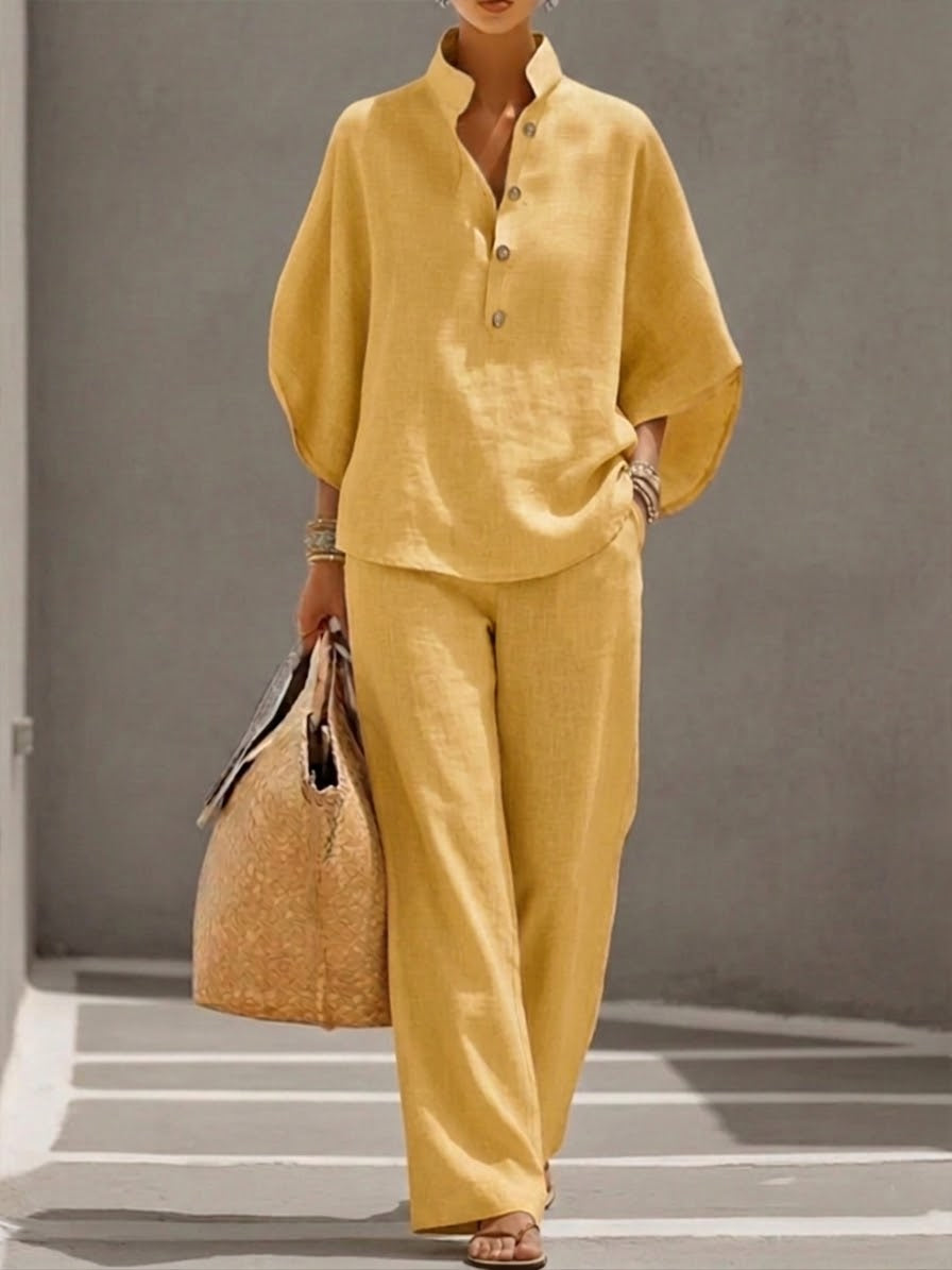 Conjunto de blusa con cuello alzado y pantalón – Conjunto holgado de lino