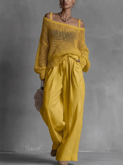 Conjunto de mujer con suéter calado y pantalón ancho