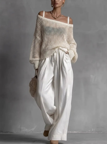 Conjunto de mujer con suéter calado y pantalón ancho