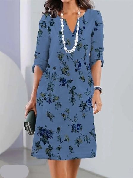 Vestido midi de tejido plano de corte evasé para mujer con escote en V y mangas hasta el codo
