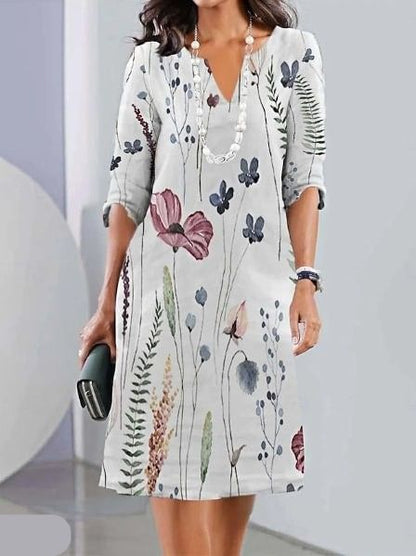 Vestido midi de tejido plano de corte evasé para mujer con escote en V y mangas hasta el codo