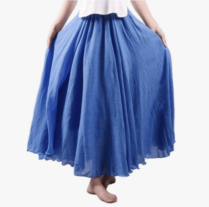 Falda maxi bohemia de lino para mujer con cintura elástica y bajo acampanado