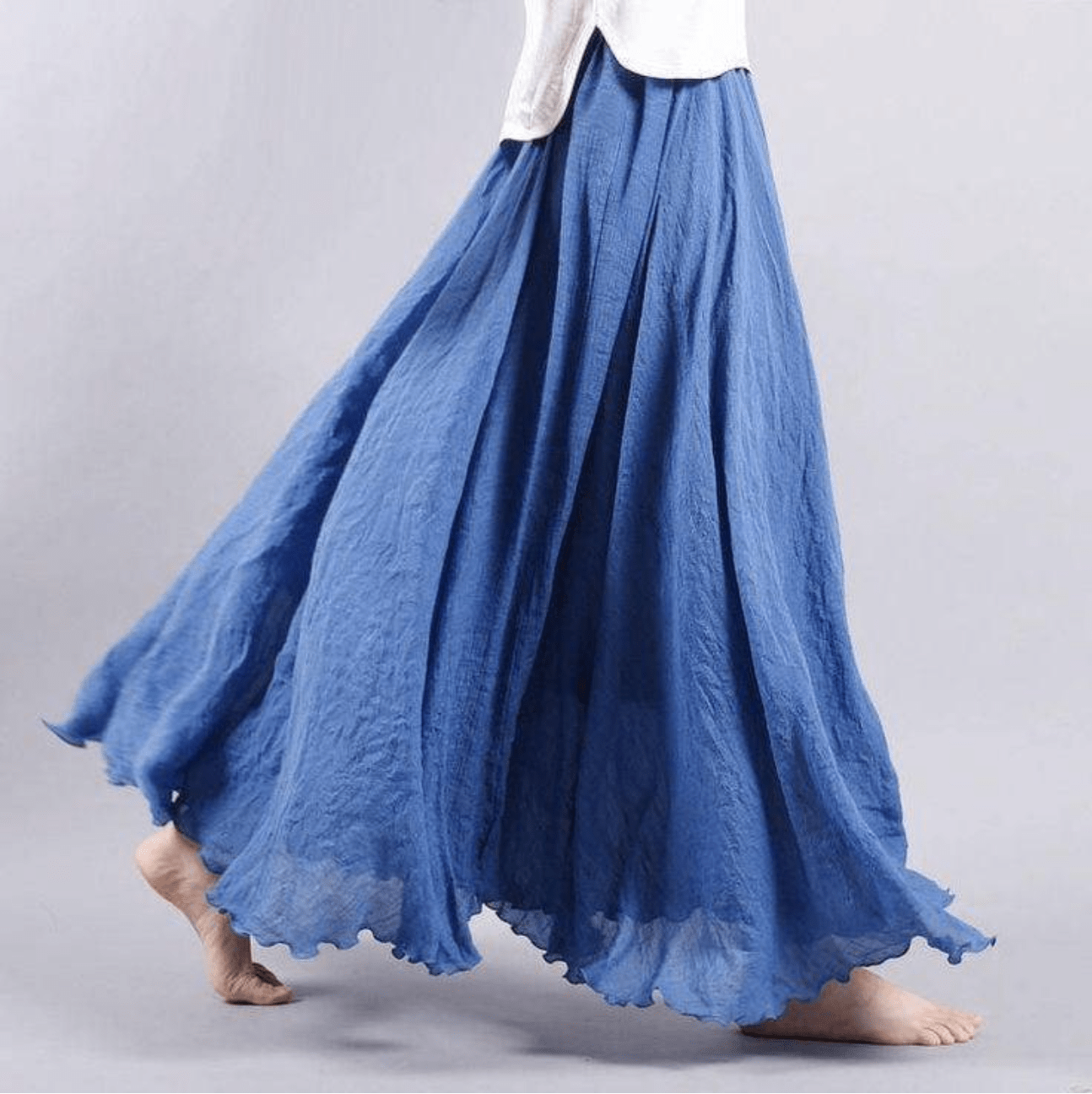 Falda maxi bohemia de lino para mujer con cintura elástica y bajo acampanado