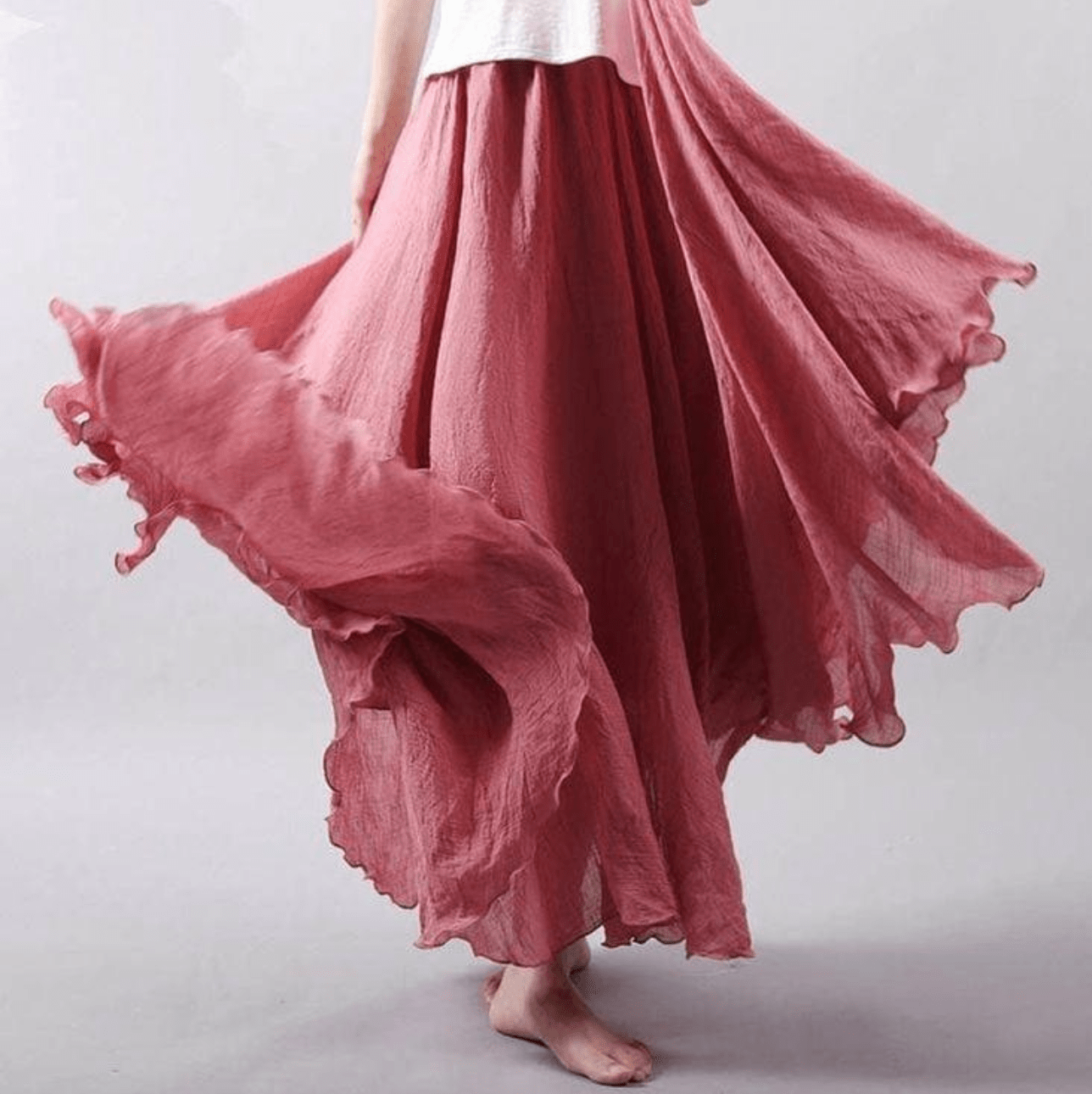 Falda maxi bohemia de lino para mujer con cintura elástica y bajo acampanado