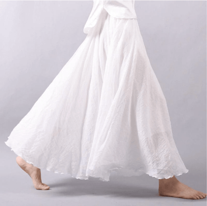 Falda maxi bohemia de lino para mujer con cintura elástica y bajo acampanado