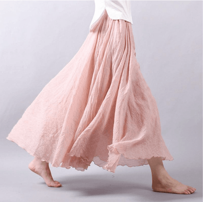 Falda maxi bohemia de lino para mujer con cintura elástica y bajo acampanado