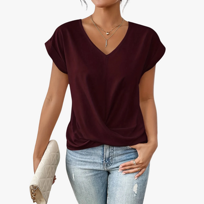 Camiseta informal de punto para mujer con escote de pico y bajo retorcido