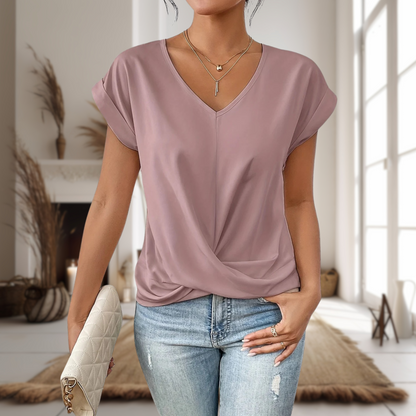Camiseta informal de punto para mujer con escote de pico y bajo retorcido