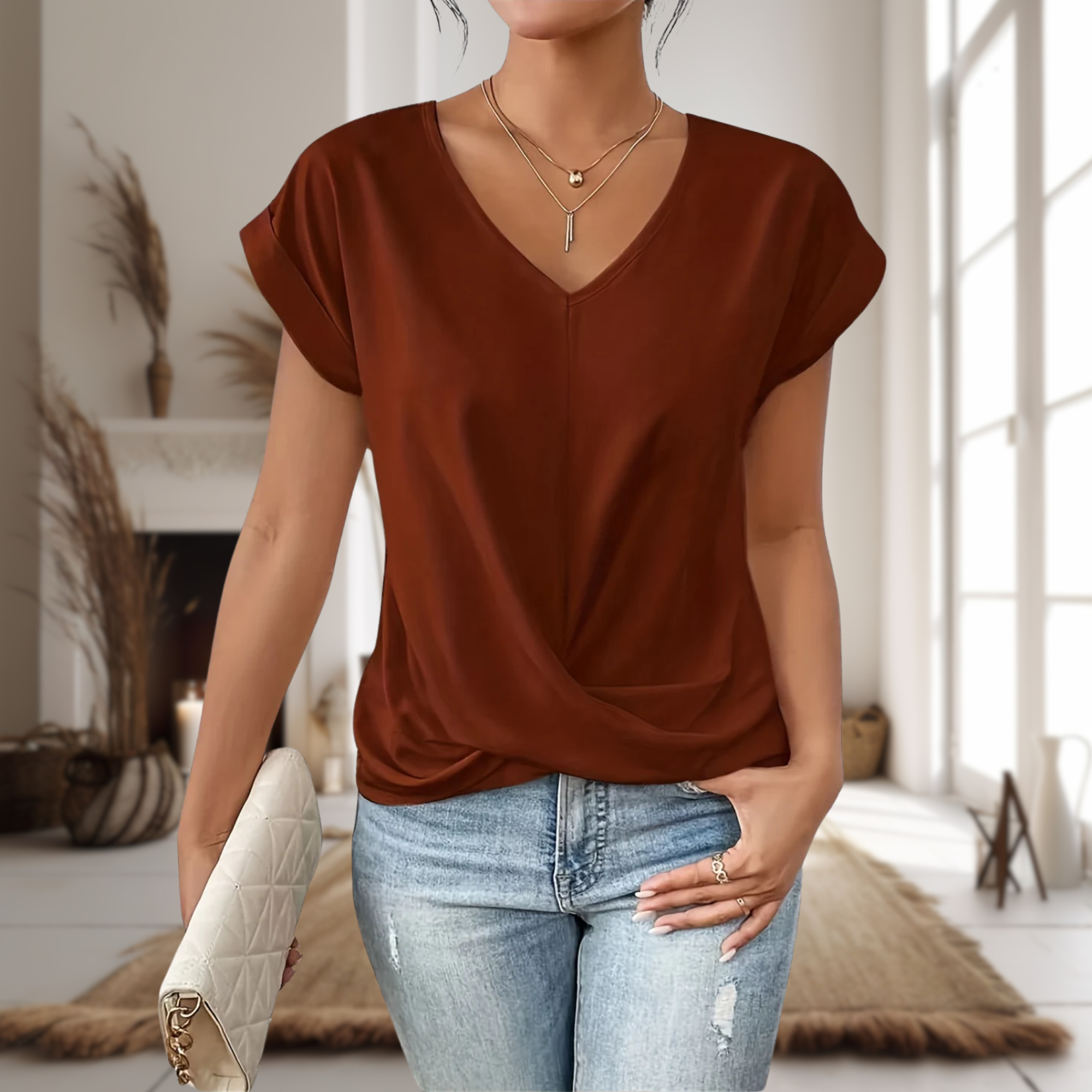 Camiseta informal de punto para mujer con escote de pico y bajo retorcido