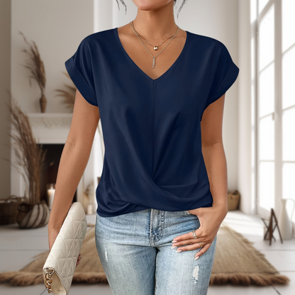 Camiseta informal de punto para mujer con escote de pico y bajo retorcido