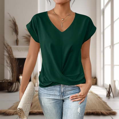 Camiseta informal de punto para mujer con escote de pico y bajo retorcido