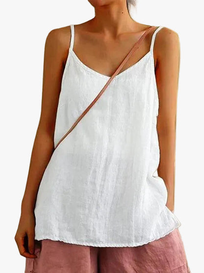Camiseta de tirantes informal para mujer de mezcla de lino con escote de pico y tirantes finos