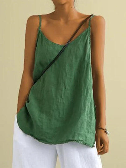 Camiseta de tirantes informal para mujer de mezcla de lino con escote de pico y tirantes finos