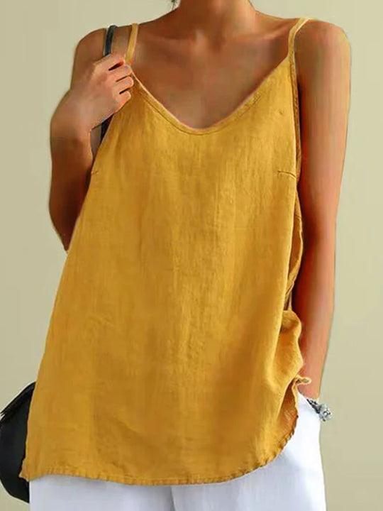 Camiseta de tirantes informal para mujer de mezcla de lino con escote de pico y tirantes finos