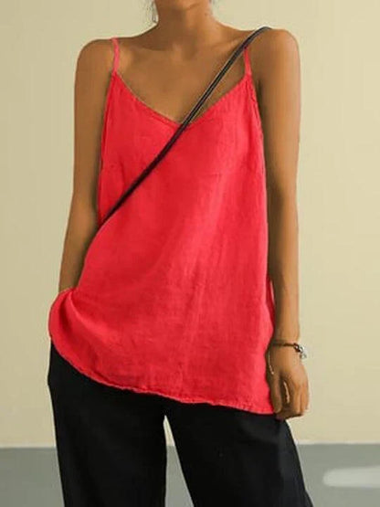 Camiseta de tirantes informal para mujer de mezcla de lino con escote de pico y tirantes finos