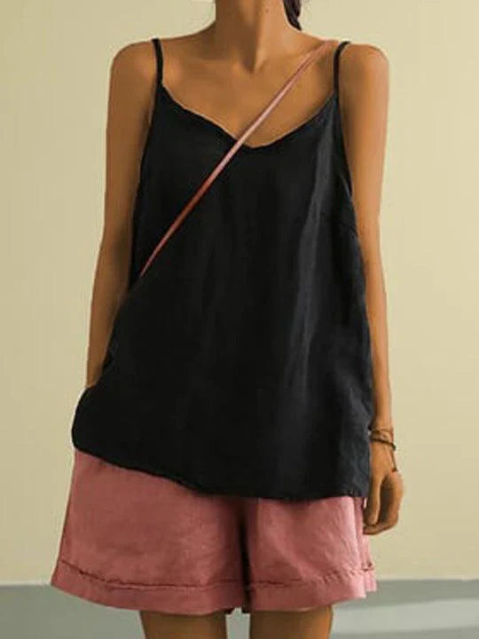 Camiseta de tirantes informal para mujer de mezcla de lino con escote de pico y tirantes finos