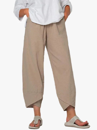 Pantalones casual de mezcla de lino para mujer con cintura elástica y bajo solapado