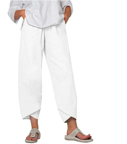 Pantalones casual de mezcla de lino para mujer con cintura elástica y bajo solapado