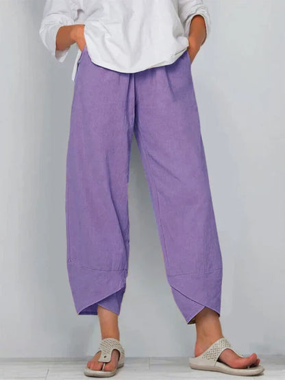 Pantalones casual de mezcla de lino para mujer con cintura elástica y bajo solapado