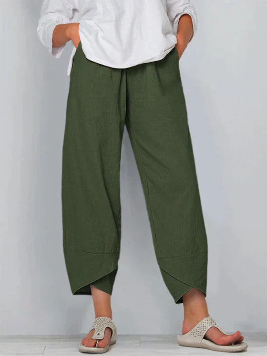 Pantalones casual de mezcla de lino para mujer con cintura elástica y bajo solapado