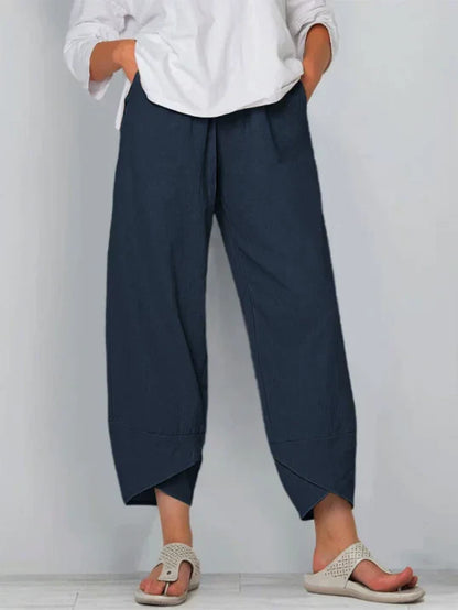 Pantalones casual de mezcla de lino para mujer con cintura elástica y bajo solapado