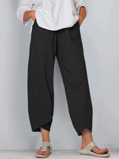 Pantalones casual de mezcla de lino para mujer con cintura elástica y bajo solapado