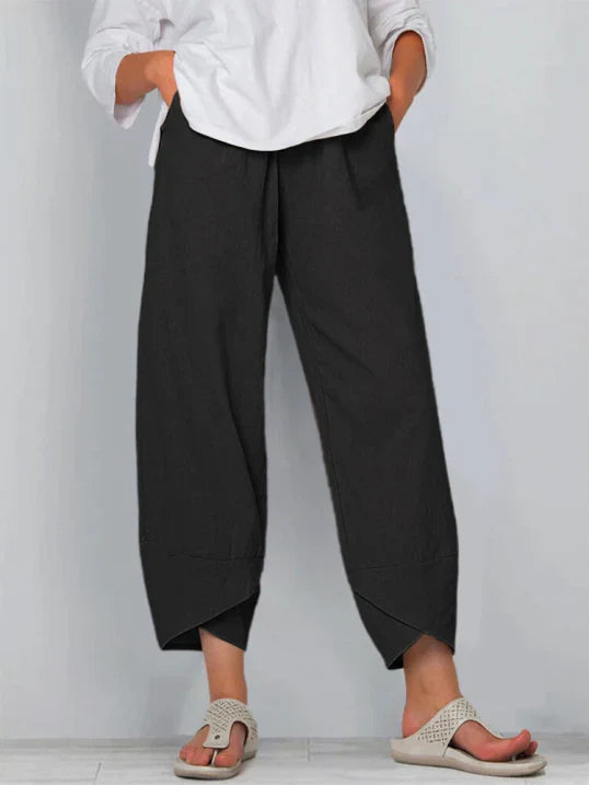 Pantalones casual de mezcla de lino para mujer con cintura elástica y bajo solapado