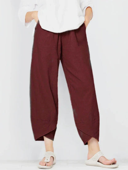 Pantalones casual de mezcla de lino para mujer con cintura elástica y bajo solapado