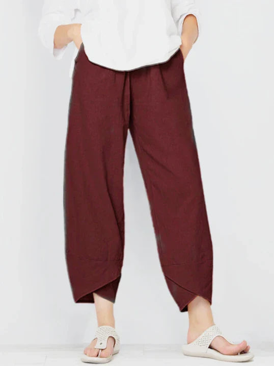 Pantalones casual de mezcla de lino para mujer con cintura elástica y bajo solapado