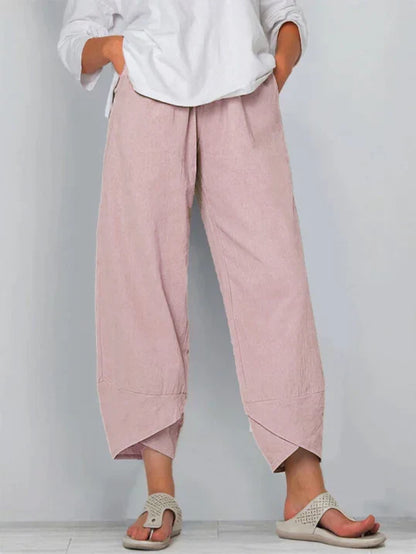 Pantalones casual de mezcla de lino para mujer con cintura elástica y bajo solapado