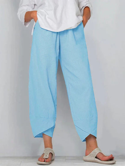 Pantalones casual de mezcla de lino para mujer con cintura elástica y bajo solapado