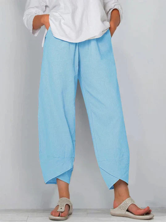Pantalones casual de mezcla de lino para mujer con cintura elástica y bajo solapado