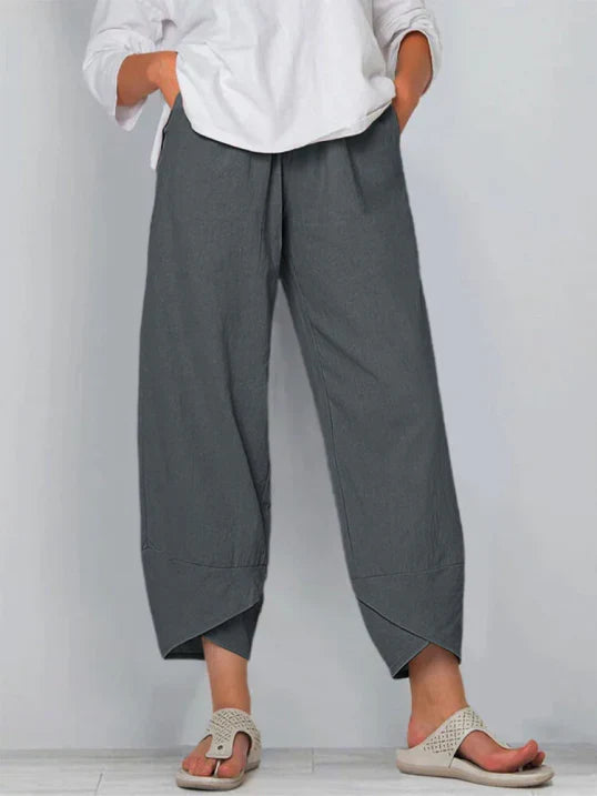 Pantalones casual de mezcla de lino para mujer con cintura elástica y bajo solapado
