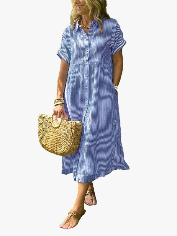 Vestido midi casual de tejido plano para mujer con cuello y tapeta de botones