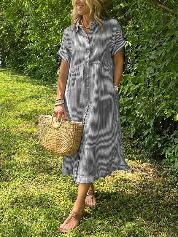 Vestido midi casual de tejido plano para mujer con cuello y tapeta de botones