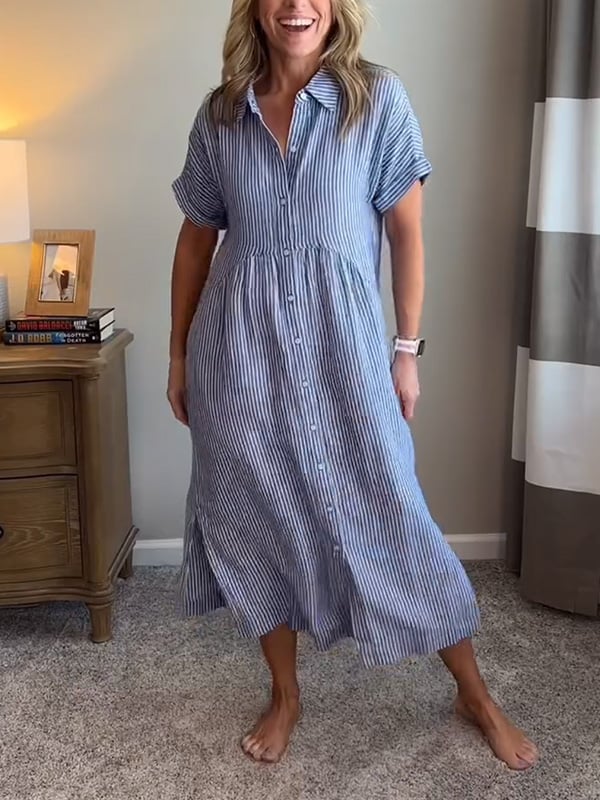 Vestido midi casual de tejido plano para mujer con cuello y tapeta de botones