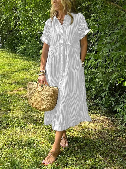 Vestido midi casual de tejido plano para mujer con cuello y tapeta de botones