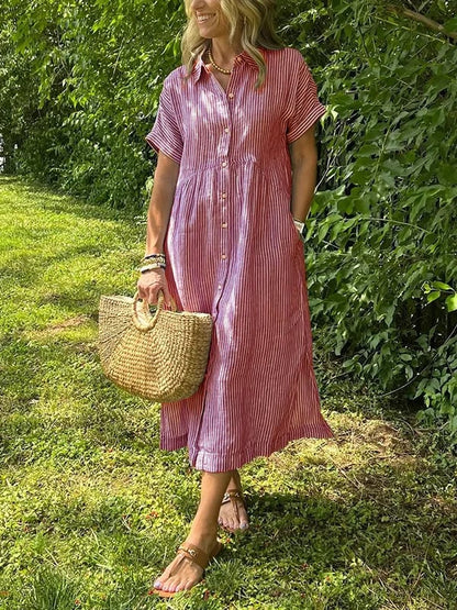 Vestido midi casual de tejido plano para mujer con cuello y tapeta de botones