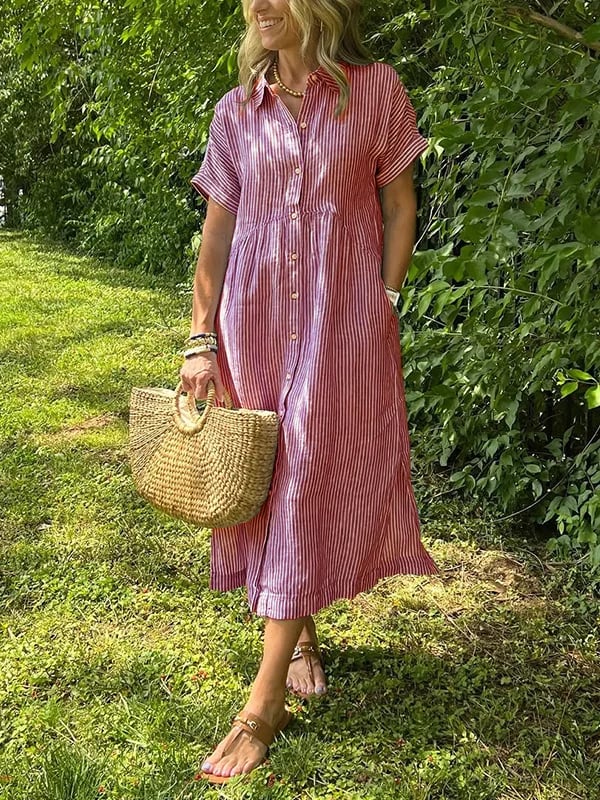 Vestido midi casual de tejido plano para mujer con cuello y tapeta de botones