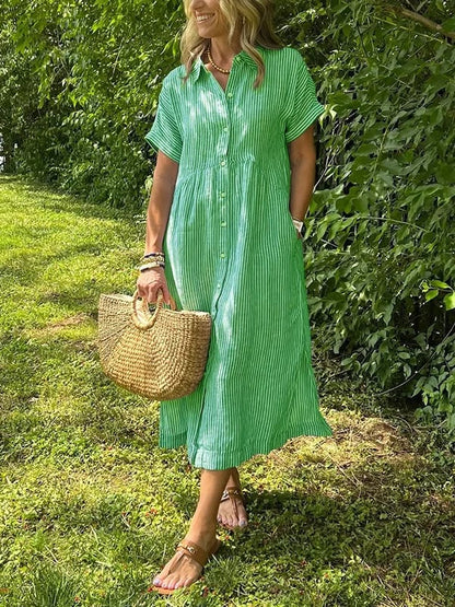 Vestido midi casual de tejido plano para mujer con cuello y tapeta de botones