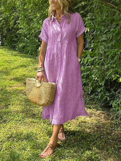 Vestido midi casual de tejido plano para mujer con cuello y tapeta de botones