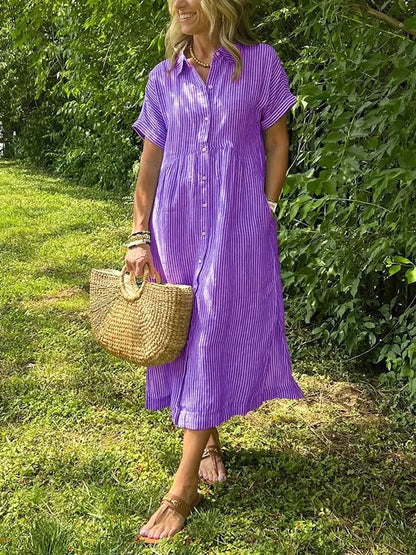 Vestido midi casual de tejido plano para mujer con cuello y tapeta de botones