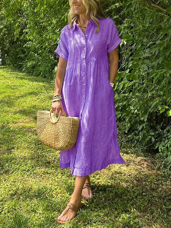 Vestido midi casual de tejido plano para mujer con cuello y tapeta de botones