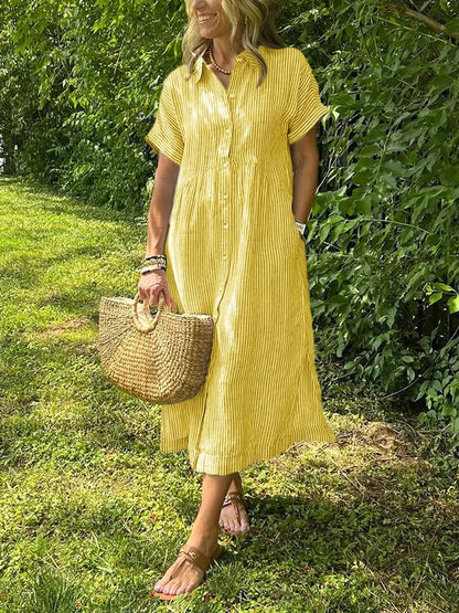 Vestido midi casual de tejido plano para mujer con cuello y tapeta de botones