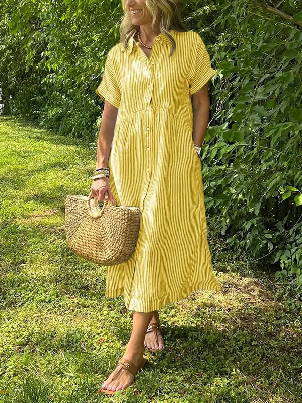 Vestido midi casual de tejido plano para mujer con cuello y tapeta de botones