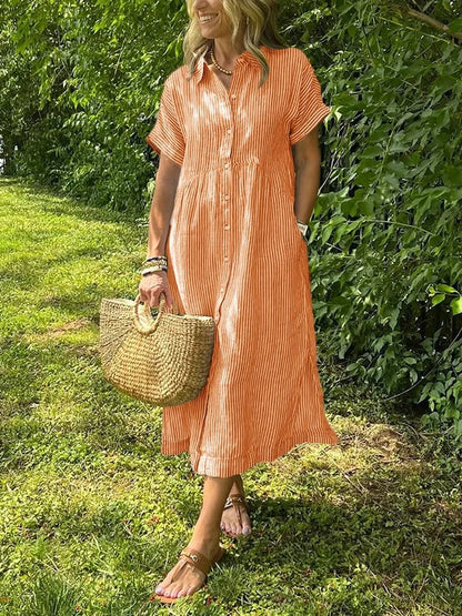 Vestido midi casual de tejido plano para mujer con cuello y tapeta de botones