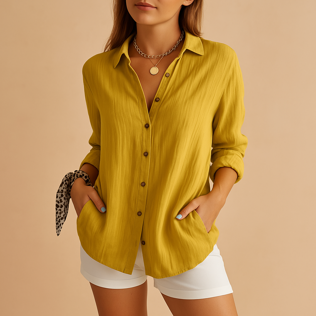 Blusa arrugada para mujer de mezcla de lino con botones delanteros y mangas con trabilla