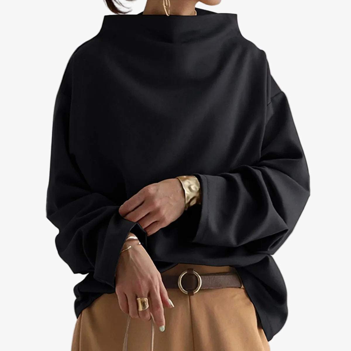 Top de punto para mujer con cuello alto y hombros caídos