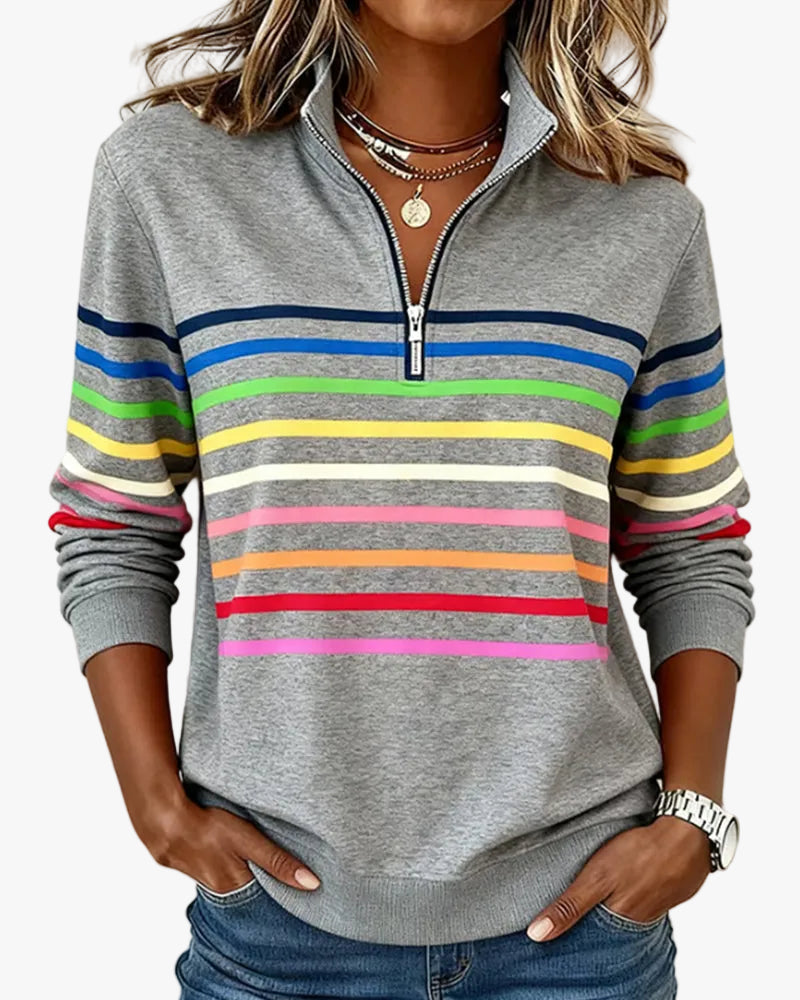 Jersey de punto para mujer con cremallera de un cuarto y franjas